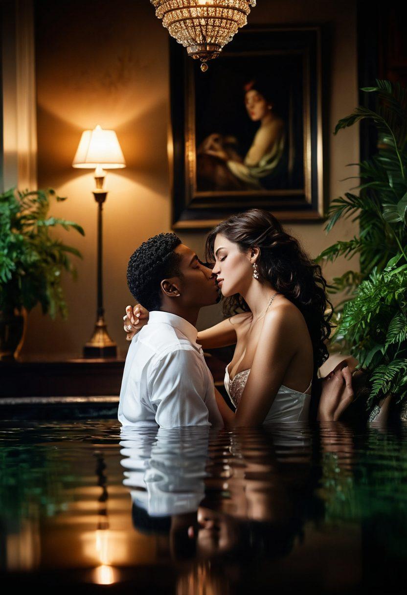 A sensual and evocative scene depicting a diverse group of couples exploring intimate moments in an elegant, luxurious setting, adorned with rich textures and deep hues. The atmosphere is both intimate and vivid, showcasing artistic portrayals of passion and connection, framed by hints of lush greenery and soft lighting. Emphasize the uncensored nature of love and desire, inviting readers to delve deeper. super-realistic. vibrant colors. soft focus.