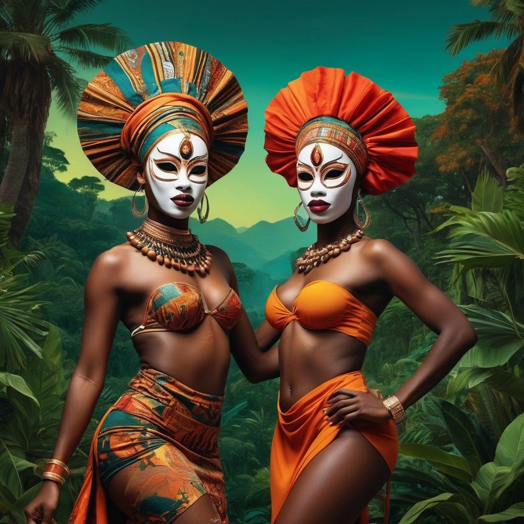 A vibrant collage showcasing diverse African cultural elements intertwined with modern erotic themes, featuring silhouettes of dancers in traditional attire amidst lush landscapes and urban night scenes. Include visual motifs like masks, textiles, and abstract shapes to represent celebration and diversity in erotic content. Incorporate warm, earthy tones with pops of color for an inviting yet provocative atmosphere. super-realistic. vibrant colors. digital art.